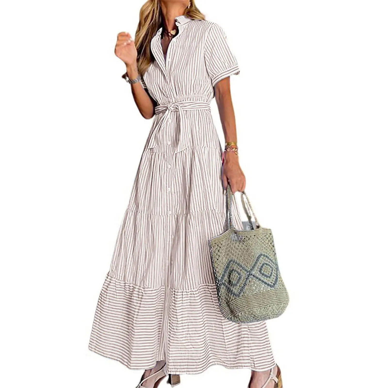 Chouyatou Women Button Down Striped Dress Lapel Collar Short Sleeve Dresses Loose High Waist Long Dress with Belt - TikTok Shop Chouyatou Women Button Down Striped Dress Lapel Collar Short Sleeve Dresses Loose High Waist Long Dress with Belt - TikTok Shop