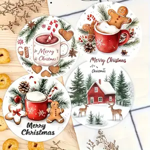 4pcs Winter Gingerbread Man Round Heat-Resistant Wooden Table Mats, Kitchen Decorative Placemat, Christmas Hat & Scarf Design, Insulated Placemats for Christmas