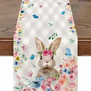 2D flat printing, 1 piece/4 pieces/6 pieces/5 pieces set/7 pieces set, Easter table flag+placemat set, rabbit and flower design, seasonal table decoration, Easter party and holiday table decoration, coffee table, tea table, table flag home decoration