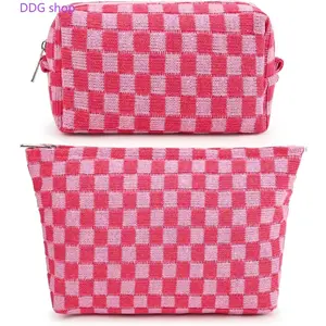 SOIDRAM 2 Pieces Makeup Bag Large Checkered Cosmetic Bag Capacity Canvas Mix Travel Toiletry Bag Organizer Cute Makeup Brushes Aesthetic Accessories Storage Bag for Women, Checkered Mix Rose Red