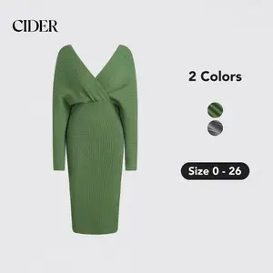 Cider [2 colors, size 0-26] Knit Solid V-neck Midi Dress