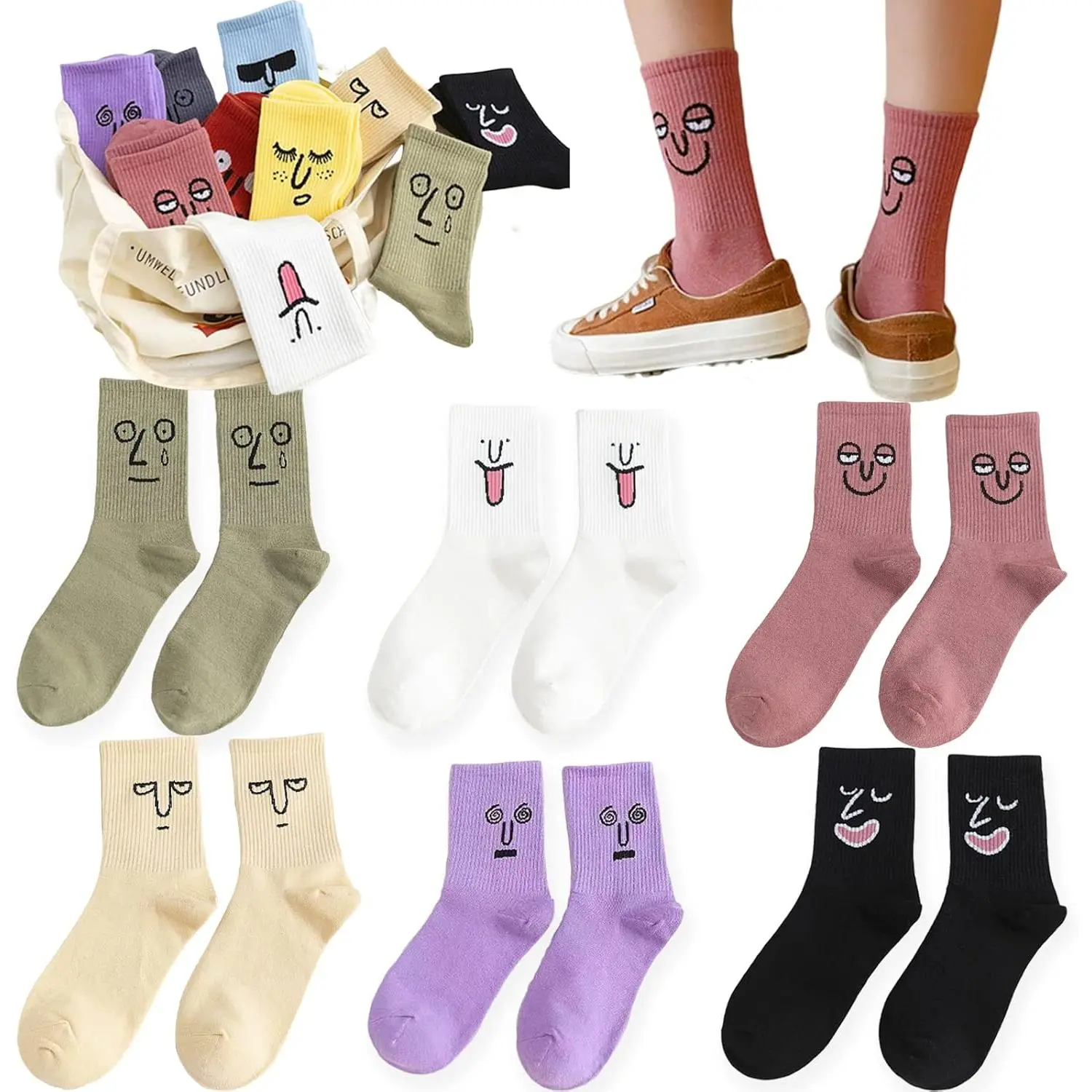 Women's 5-Pack Comfy Cotton Knitted Mid-Rise Ankle Socks - Elastic & Comfy, Assorted Cute Smile Faces, 1-Size White Socks for Friends, Cold Wash Compatible, Year-Round All Seasons Use