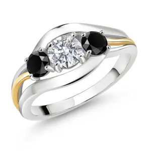 925 Sterling Silver and 10K Yellow Gold Round White Lab Grown Diamond and Black Onyx 3 Stone Ring For Women (0.94 Cttw)