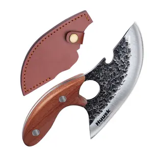 Huusk Viking Boning Knife for Meat Cutting - Small Ulu Knife - Hand Forged Full Tang Knife for Kitchen or Camping - Premium Steel - Portable, Wood,BlackFriday Gift