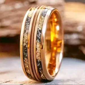 Men Tungsten Carbide Ring Meteorite Gold Inlay Guitar String Comfort Fit