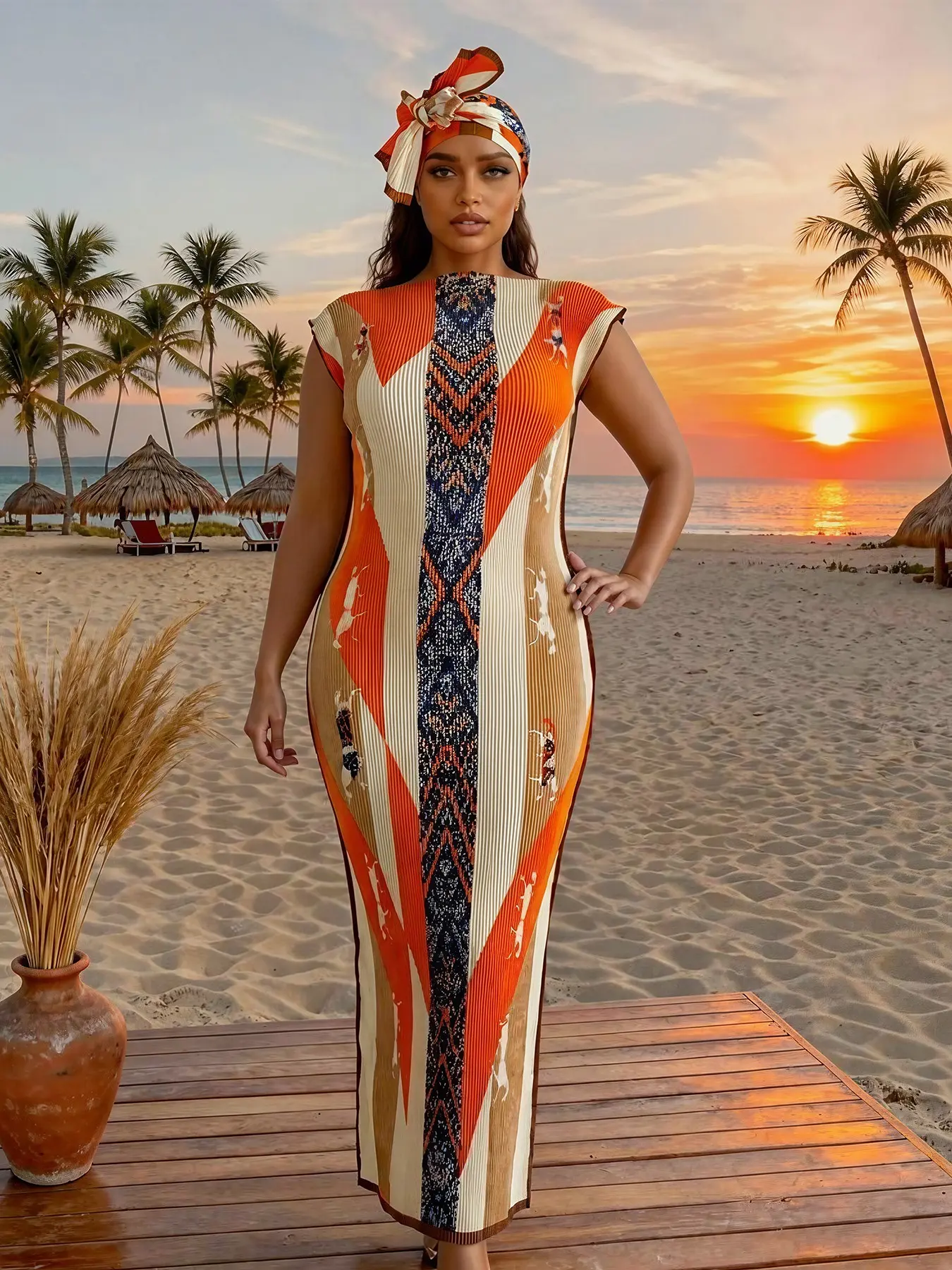 Women's Elegant Animal Pattern Slim Fit Long Dress Set, Beach Cover-Up Shawl & Scarf, Sun Protection Silk Wrap for All Seasons, Beach Outdoor Wear, Beach Cover Ups, Beach Swimsuit Cover, Swimwear Coverups, Beachwear Cover Up