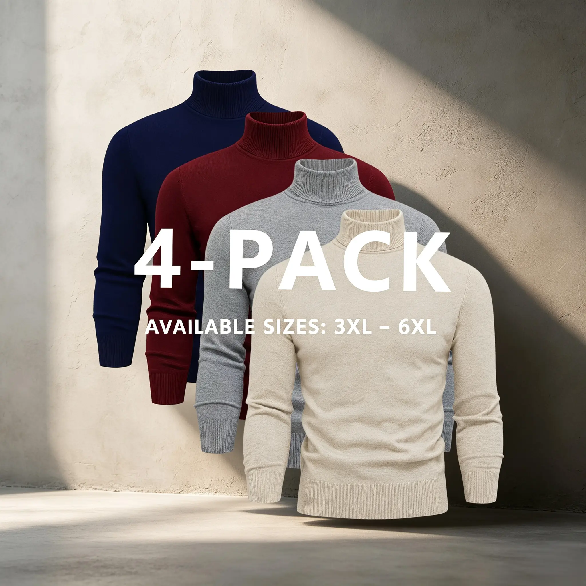 Men's 4PCS Plus Size 3XL-6XL Soft Turtleneck Knit Sweaters, Casual Natural Stretch Fabric Warm Long Sleeve Pullover Tops, Lightweight Jackets, Menswear