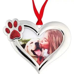 Heart Ornament Building,Pet Memory Photo Ornament - Heart Shaped Silver Frame with Red Glitter Pawprint - Cat or Dog Memorial Keepsake Gift for Animal Lovers with Gift Box,Great Gift for Loved Ones