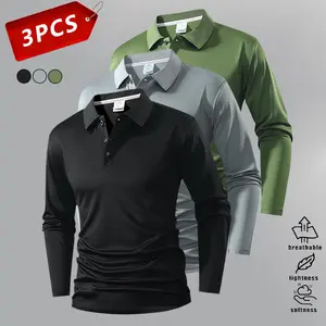 3-pack men’s new autumn solid-color long-sleeve button-up polo shirts—simple and stylish, breathable fabric, suitable for work, casual wear, travel, meetings, parties, and more.