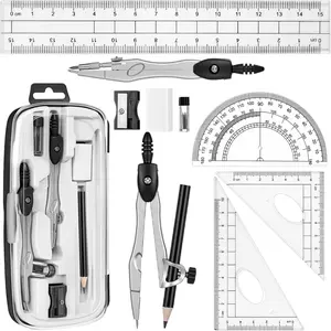 Zonon Math Geometry Set 10 Pcs Student Supplies with Shatterproof Storage Box, Includes Rulers Protractor Compass Pencil Sharpener Lead Refills Eraser Pencil for Drafting and Drawings (Black)