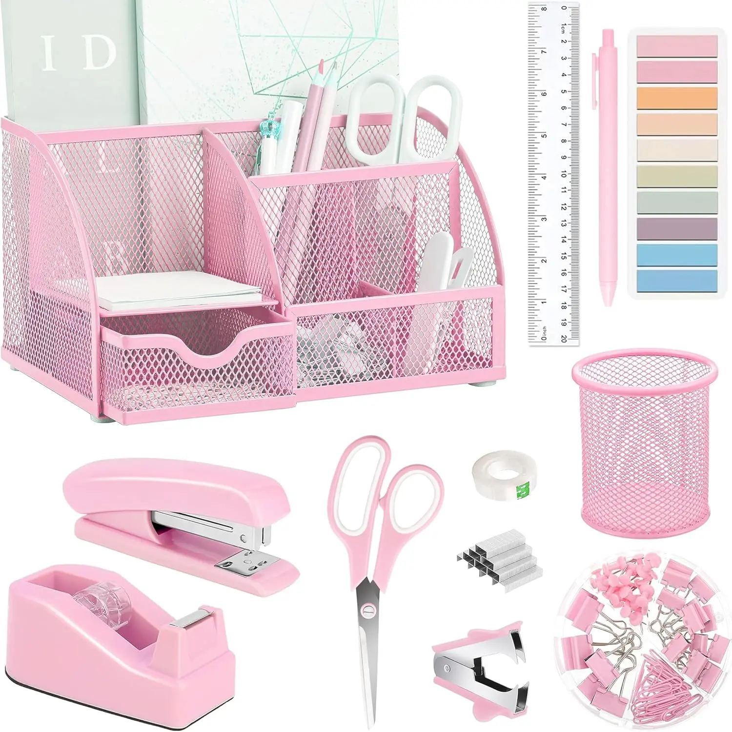 Pink 12pc Office Desk Organizer & Supplies Set - Birthday/Party/Holiday Gift, Includes Tape Dispenser, Stapler, Staples, Staple Remover, 1 Pencil Holder, Scissors, Ruler, Sticky Tabs, Tape, Ballpoint Pen, Clips