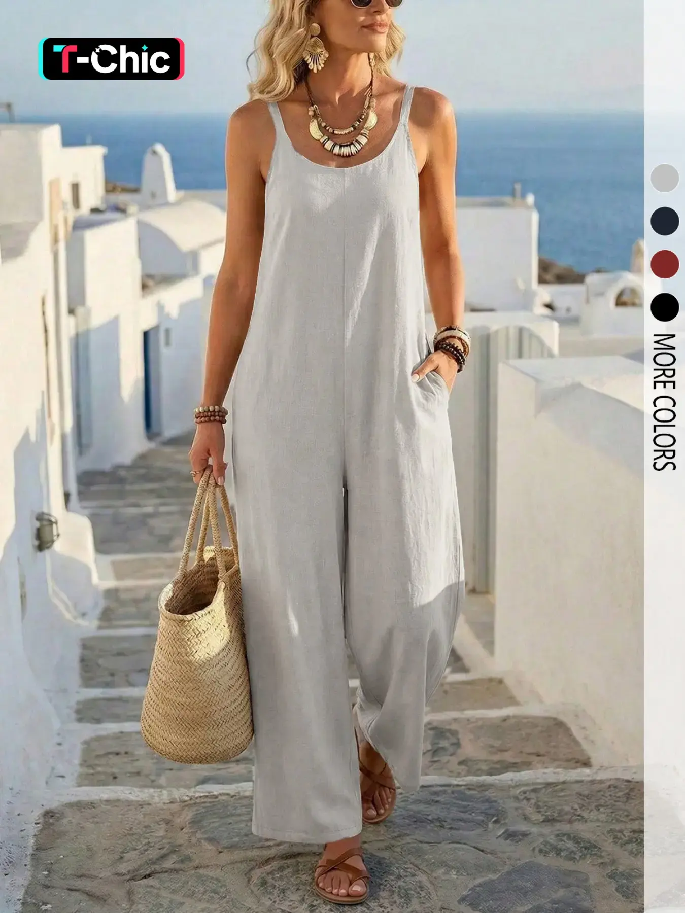 Women's casual solid color backless suspender jumpsuit, Overalls, Loose, Chic, Everyday, Womenswear, suitable for daily commutes and vacations.