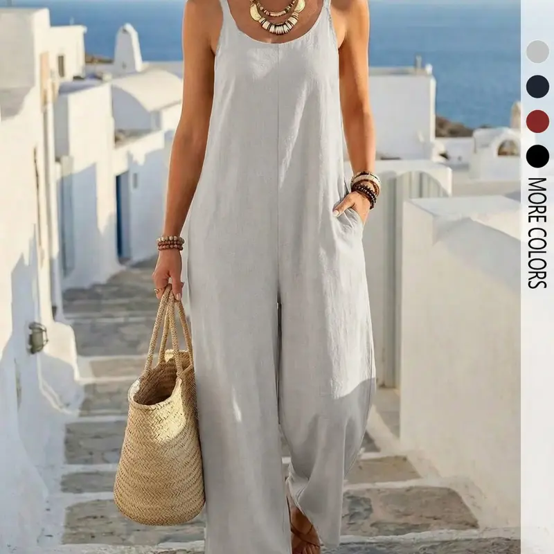 Women's casual solid color backless suspender Fashion Jumpsuit, Overalls, Loose, Baggy, Chic, Everyday, Womenswear, suitable for daily commutes and vacations.