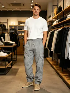 Men's Heavyweight Mid-Rise Grey Cargo Sweatpants - Menswear Comfy Soft Pocket Wide Joggers for Daily Wear