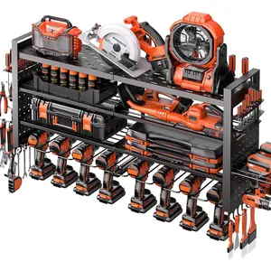 49.8" W Large Power Tool Organizer Wall Mount, Heavy Duty Tool Organizer with 14 cordless Drill Holder, 4 Layers Garage Organization and Storage Rack, Tool Rack for Garage Workshop, Black