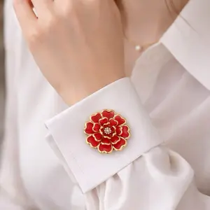Red Flower Button Cover, Camellia Shirt Accessory, Gold Tone Button Jewelry, Elegant Blouse Detail, Statement Fashion Piece