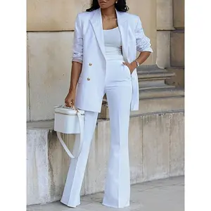Elegant, pure-color women’s commuting suit set featuring a blazer and trousers—chic, solid woven design with pockets (two-piece).