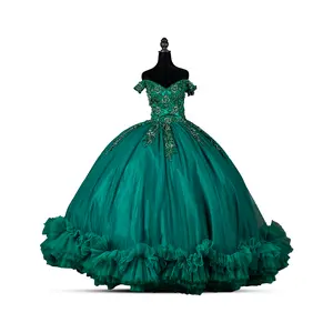 Princess Emerald – Emerald Green Beaded Ball Gown with Ruffle Train