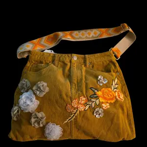 Handcrafted Mustard Corduroy Floral Shoulder Bag with Embroidered Artwork & 3D Fabric Flowers for Boho Style  . Medium Size