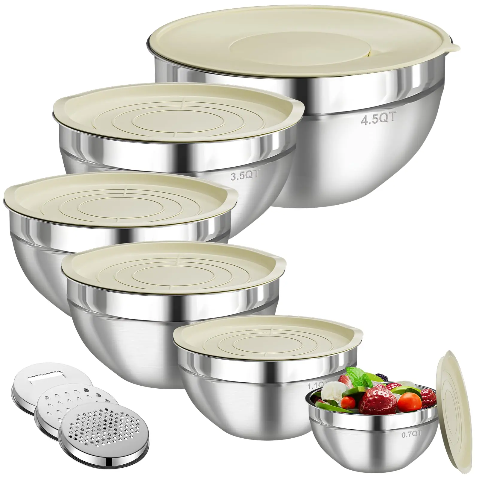 Stainless Steel Mixing Bowls with Lids Set - 6 PCS, 3 Grater Attachments, Kitchen Food Storage Organizers Nesting Bowl, Large Size 4.5-1.1QT multicoloured reusable