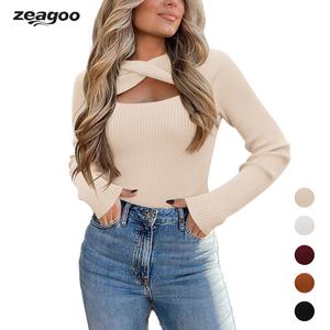 ZEAGOO Women's Pullover Sweaters Long Sleeve Cutout Knit Lightweight Crew Neck Fall Tops S-XXL Casual Womenswear summerwins