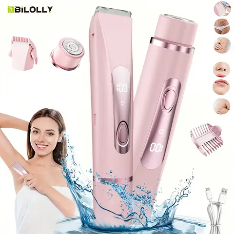 BiLOLLY Women's 2-in-1 Cordless Rechargeable Trimmer - Electric Hair Removal Shaver with Dual-Head Ceramic Blade, LED Battery Display, Fragrance-Free ABS Groomer for Bikini Line, Double-Sided Cordless Trimmers (Multi-Pack Option)