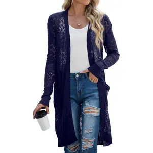 Womens Lightweight Longer Length Cardigan Long Sleeve Casual Sweater with Pockets