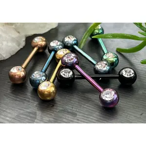 PAIR of Beautiful Titanium Anodized Double Clear CZ Gem 14g Barbell Nipple Rings
