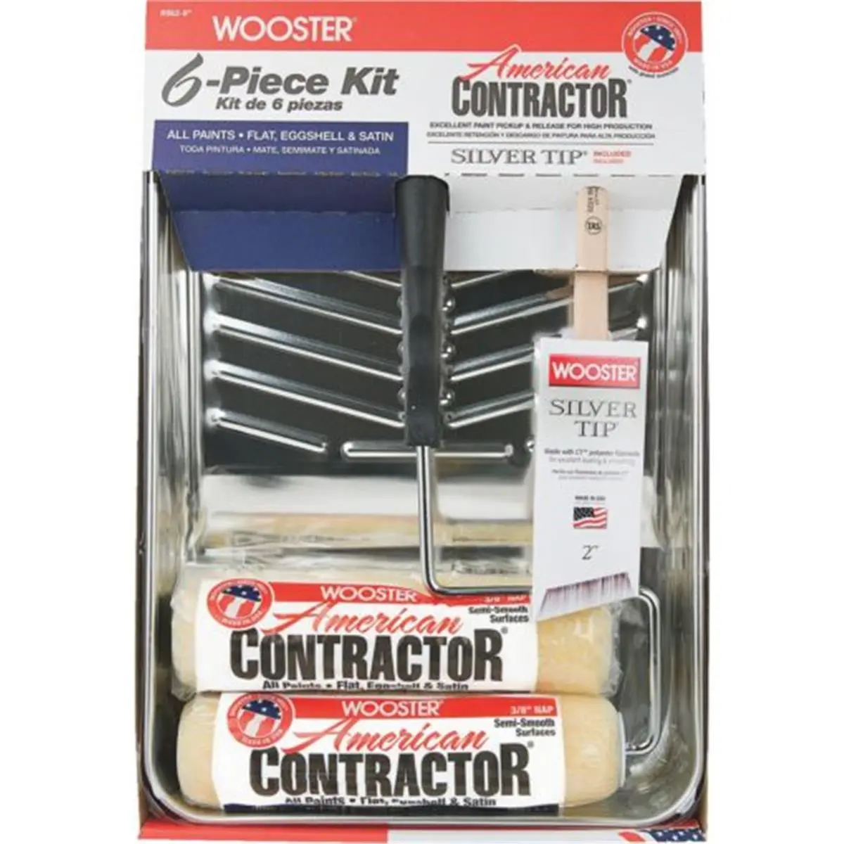 Wooster American Contractor 6-Piece Paint Kit with 9" Roller, 2" Angle Brush, and Metal Tray for Flat, Eggshell, and Satin Finishes, Flat, Eggshell & Satin, Six Pieces