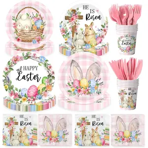 He Is Risen Easter Decoration He is Risen Bunny Eggs Cross Tableware Pink Cute Rabbit Floral Farmhouse Disposable Paper Plates Napkins Cups Forks and Knives for Spring Home Party Decor,Serve 24