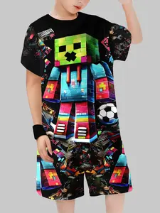 Boys Cyberpunk Anime Football Set, Colorful Block Pattern Short Sleeve Two-Piece, Casual Fitted Crop Top, Trendy Kids Clothing