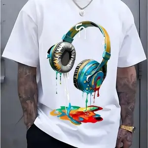 Men's T-Shirt Casual Crew Neck Vintage Fashion Comfort Loose Single Side Printed T-Shirt - With Vibrant Headphones Drip Paint Print, Casual Street Short Sleeve Crew Neck T-Shirt, Machine Washable Four Seasons Comfort Tops Shirt