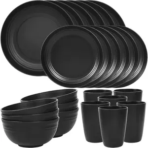 24 Piece Plates and Bowls Sets for 6, Unbreakable Dinnerware Sets, Plastic Dish Set for Camping, Dishwasher Microwave Safe, Outdoor Kitchen and Apartment Dinning RV Essentials, Black