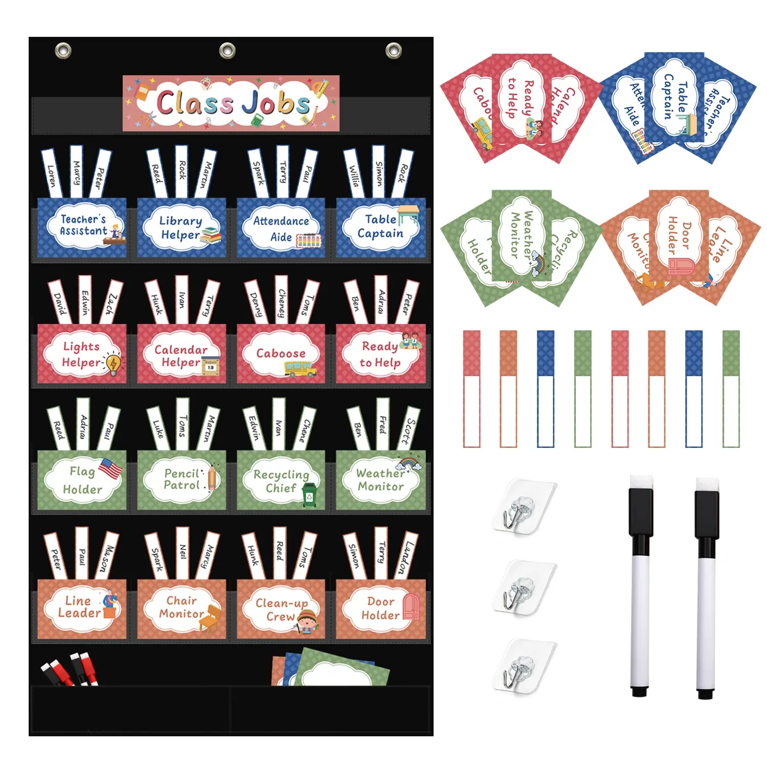 Class Jobs Pocket Chart with 17 Pockets and 2 Storage Bags,73 Cards Class Management Educational Pocket Chart Teacher's Helper