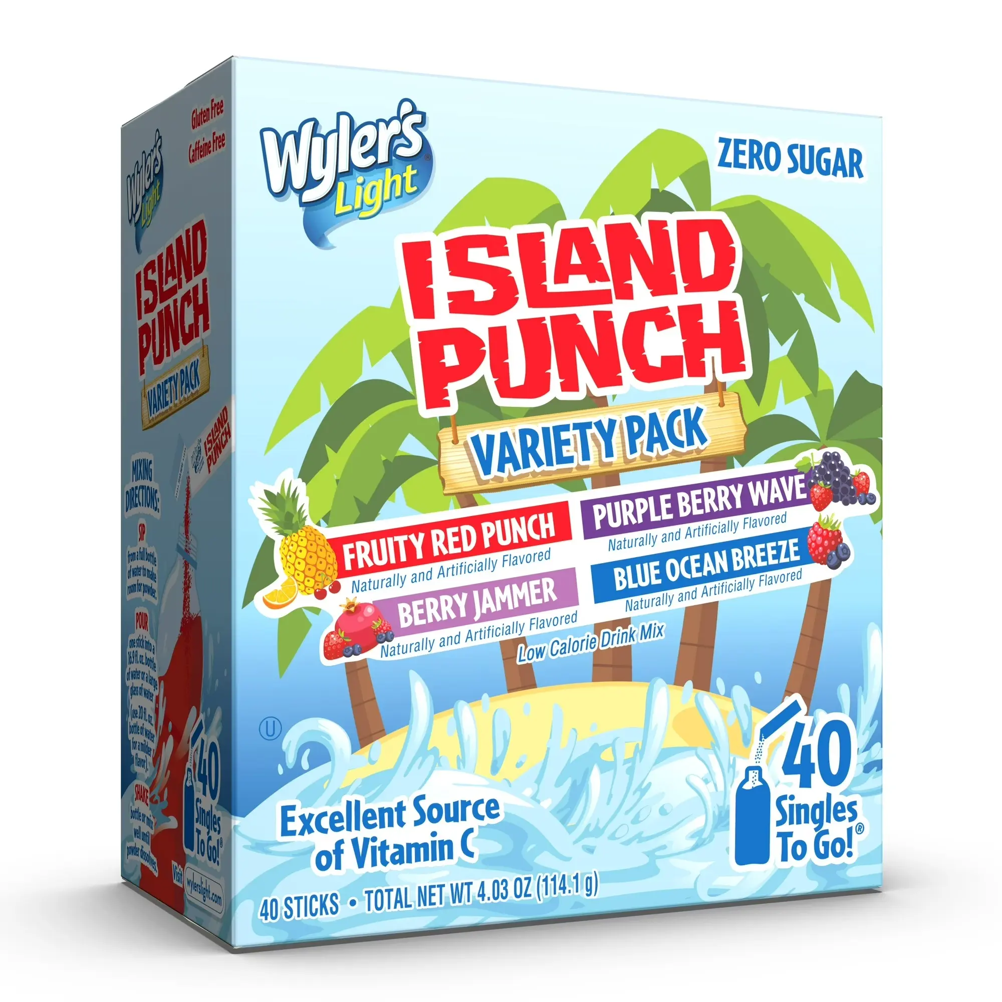 Wyler's Light Island Punch Singles To Go Powdered Drink Mix Variety Pack, Fruity Red Punch, Purple Berry Wave, Berry Jammer and Blue Ocean Breeze, Sugar-Free, 40 Count Packets
