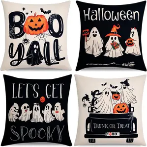 Spooky Gothic Halloween Pillow Covers Set of 4 – 18x18in Linen Throw Pillow Cases with Ghost Design – Burnt Orange, Black, White Décor for Fall, Christmas, Holiday, Couch, and Outdoor Use - Halloween Cushion Covers