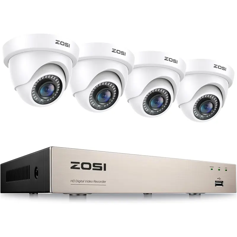 ZOSI AI Technology Security Cameras & Systems, 8-Channel CCTV DVR with AI Human/Vehicle Detection, 4x 1080P 1920TVL 2MP IP66 Weatherproof ABS Cameras, 24/7 HDD Recording (Hard Drive Not Included), 2-Year Warranty, Indoor/Outdoor Use