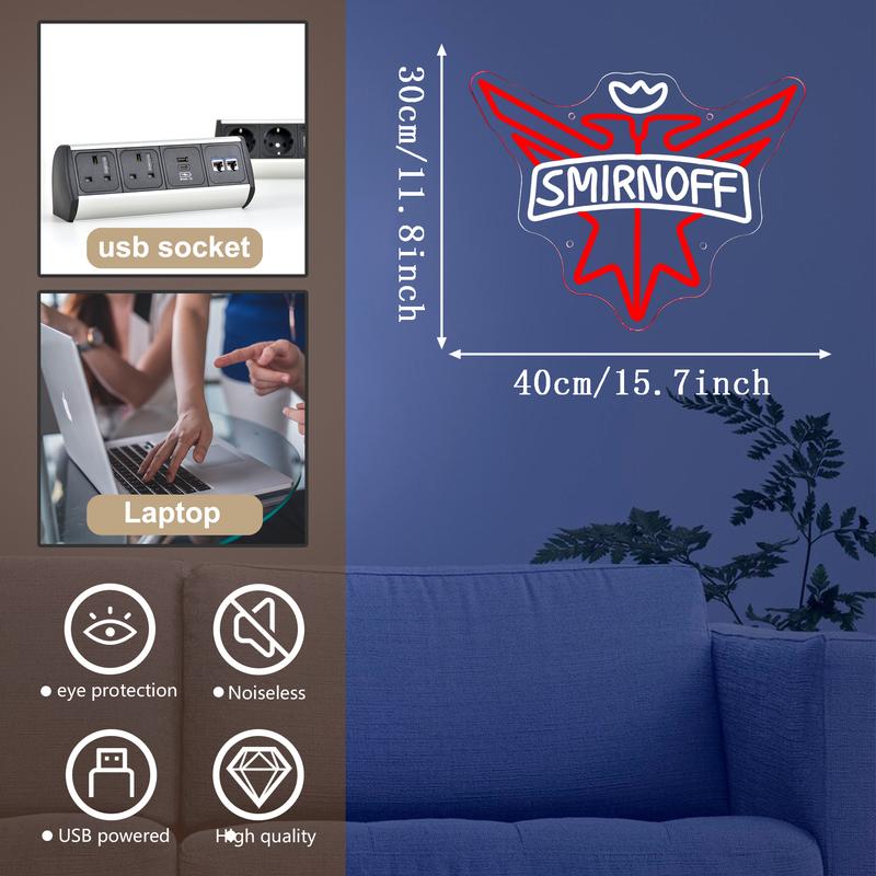 Smirnoff Vodka Beer Neon Signs for Wall Decor Neon Lights for Bedroom Led Signs Suitable for Man Cave Bar Pub Restaurant Christmas Birthday Party Gift Led Art Wall Decorative Crs Light Bar Sign, 5V Usb Power