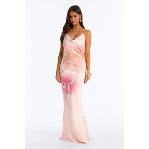 Sunkissed Dreams Backless Satin Maxi Dress - Peach/combo