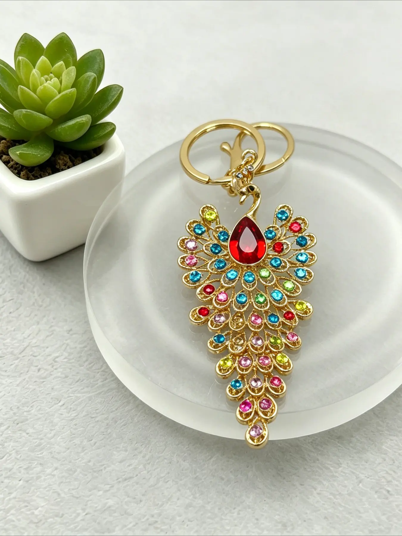 1PC Elegant Peacock Keychain Bling Rhinestone Key Ring Bag Charm Accessory for Peacock Lovers