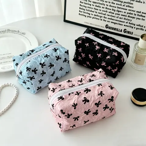 Bow Makeup Bag,Travel Toiletry Bag,Large Capacity Cosmetic Storage Bag, Zipper Makeup Organizer Pouch, Handheld Cosmetic Pouch For Wowen,Outdoor & Travel Use