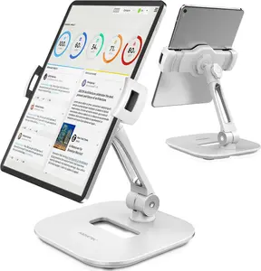 Tablet Stand Holder, Stylish  iPad Stands, Foldable 360 Swivel iPad  Table Stand Holder fits 4-11" Tablets/Smartphones for Kitchen Bedside Office POS Showroom Reception (White)