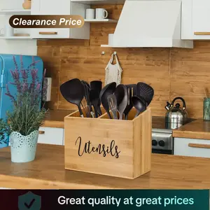 Wooden Kitchen Utensil Caddy With 2 Compartments, Rustic Utensil Holder for Kitchen Countertop, Wood Utensil Crock home Organizer Box for Farmhouse Kitchen Decor (Wood brown) holiday haul cooking utensils storage rack multifunctional non-food contact deal