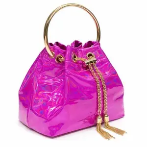 Holographic Pink Handbag with Gold Chain and Tassels, Round Handle, and Drawstring Closure