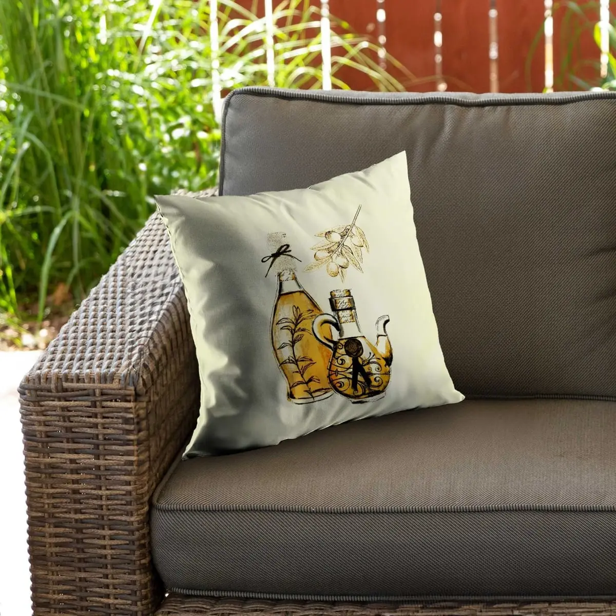 212 MAIN 18x18 in. Outdoor Throw Pillow - Spun Polyester Weatherproof Food Art Olive Bottle Print, Durable Cushions, Rustic Charm Indoor-Outdoor Home Decor Accessory (Model C1PO1818T8TWST)