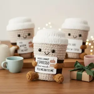 Cute Crochet Tea Cup Doll Gift, Soft Cuddly Gift, Stuffed Animal Gift, Inspirational Quote Plush Toy, Soft Adorable Stuffed Doll, Perfect for Christmas, Birthday and Teacher Appreciation Day, Fun Teatime Decor