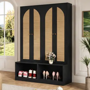 ARCH Farmhouse Hall Tree with Rattan Doors, 4-in-1 Entryway Bench with 6 Hooks and Shoe Cabinet, Mid-Century Storage Organizer with Adjustable Shelves, MDF, Black or Walnut Options, 55.1"W x 15.7"D x 78.7"H, for Living Room, Hallway, Mudroom
