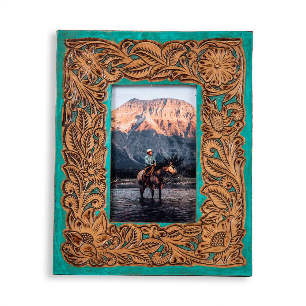 Time of Traditions Hand-Tooled Leather Single Photo Frame - Classic Rectangular Home Supplies with Scrolling Detail, Framed Decor, Picture Frames for Wall, Home Decor Items, Standard Easel