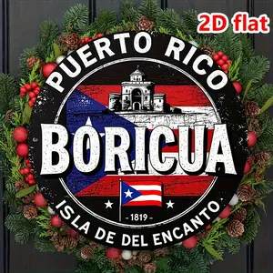 2D Flat - Vintage Puerto Rican Wall Art - 8x8 Inch Aluminum Sign with Coast View, Puerto Rican Flag & "BORICUA ISLA DE DEL ENCANTE" Design, Durable Farmhouse Decor for Home, Bar, Cafe, Office, Outdoor Space, Coastal Home Decor