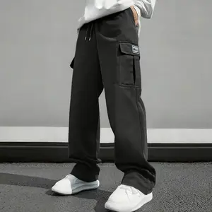 Men'S Heavy-Duty Cargo Pants , Loose Fit with Elastic Waistband and Multiple Practical Pockets - All-Season Casual Outdoor Workwear, Durable Solid Color Design